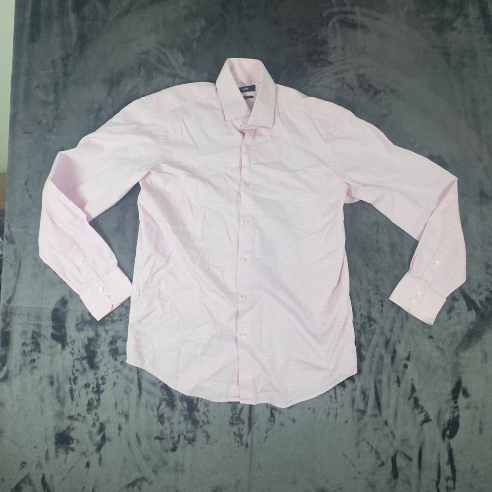Hugo Boss Dress Shirt Mens 15.5 Pink Regular Fit Micro Pattern Long Sleeve